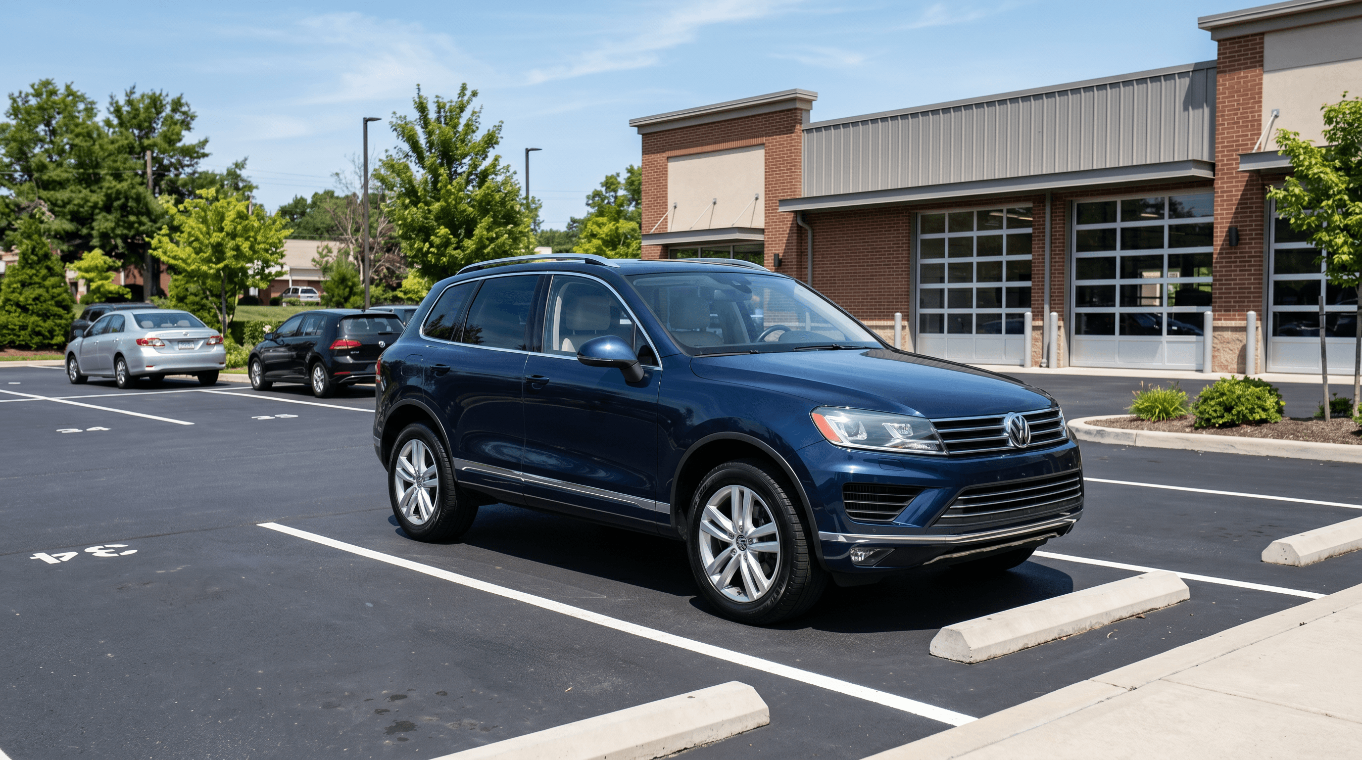 Dark blue SUV parked outside auto repair shop after hail damage repair