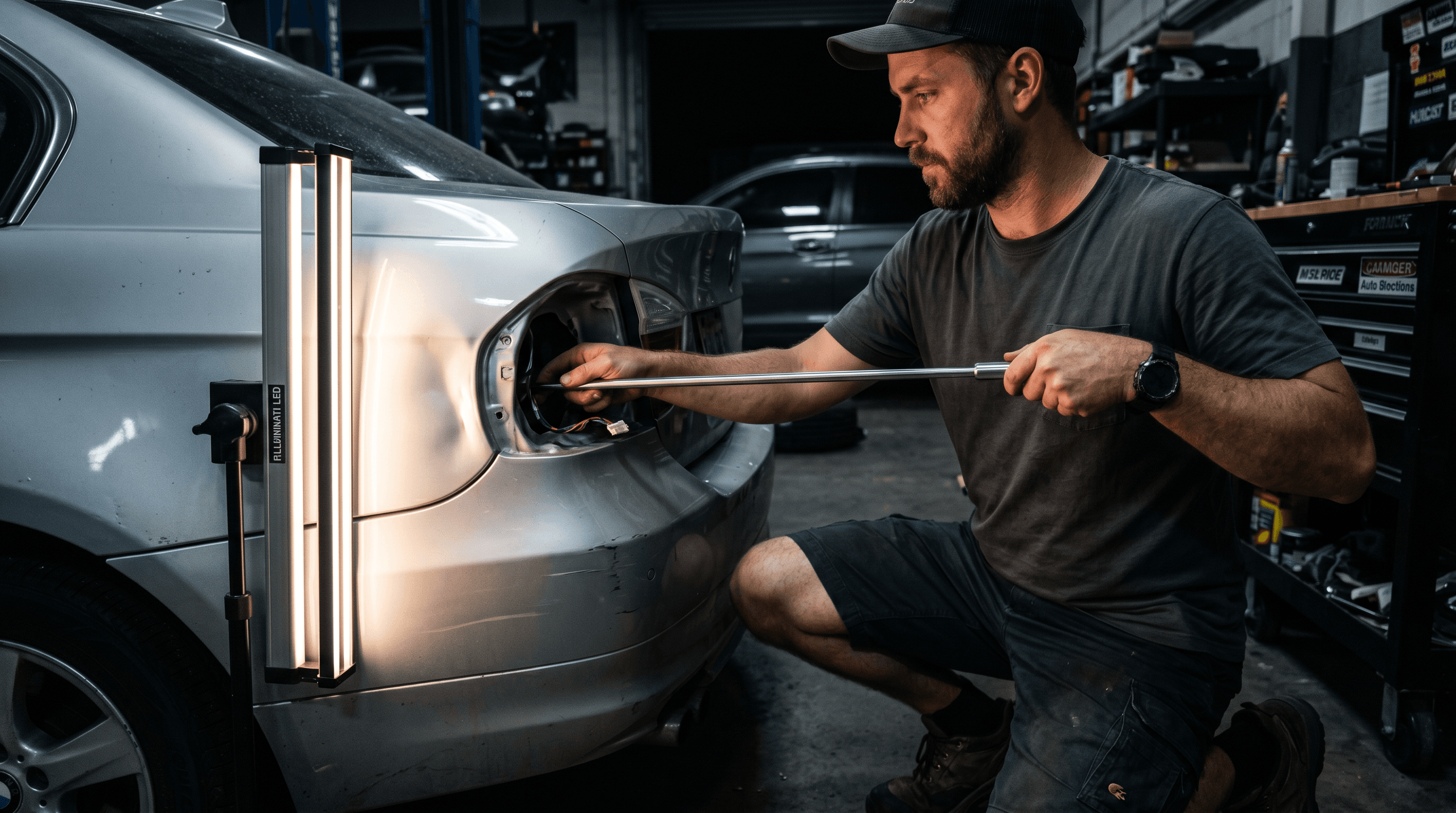 Technician performing paintless dent repair