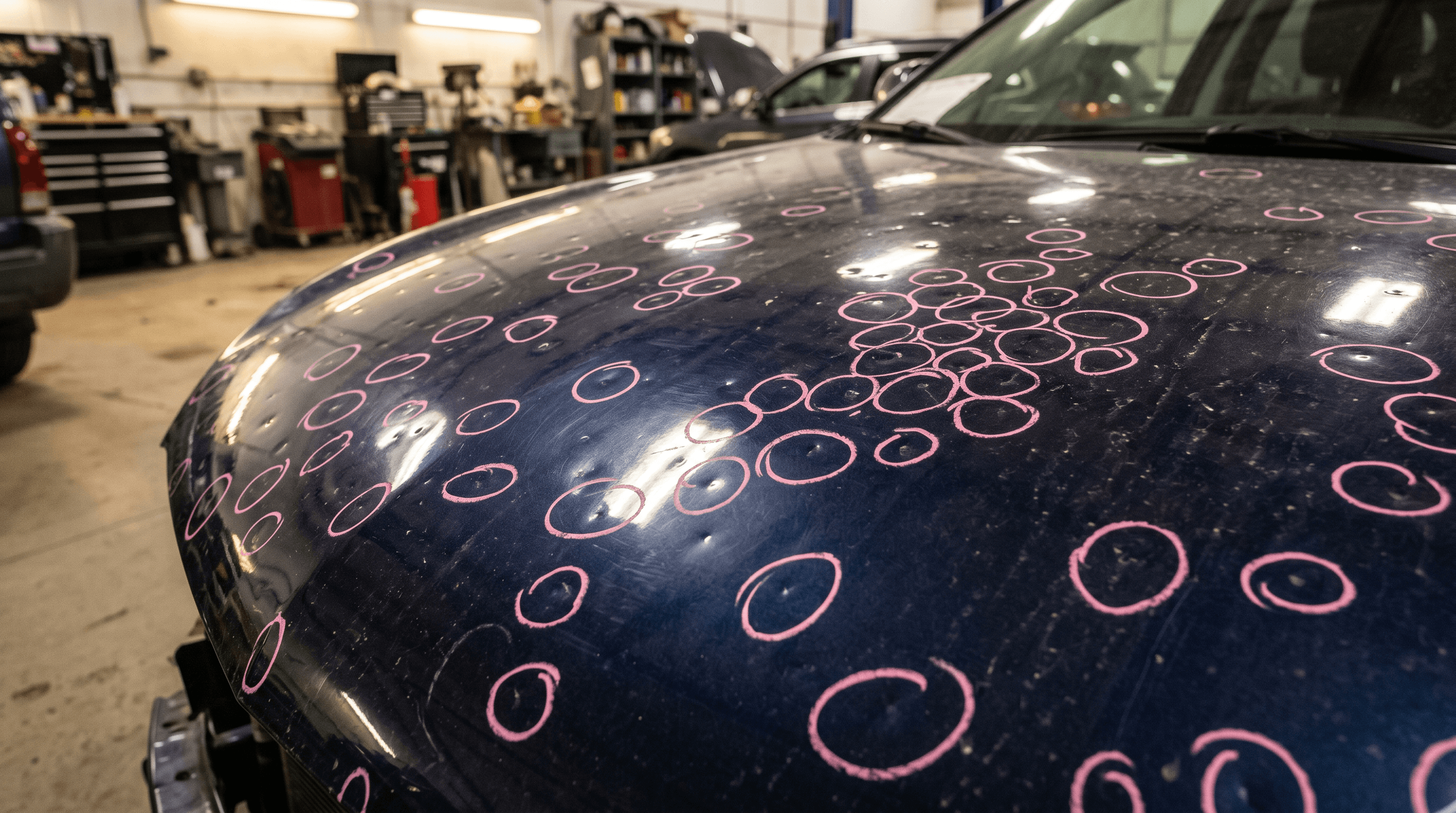 Technician marking dents for insurance documentation